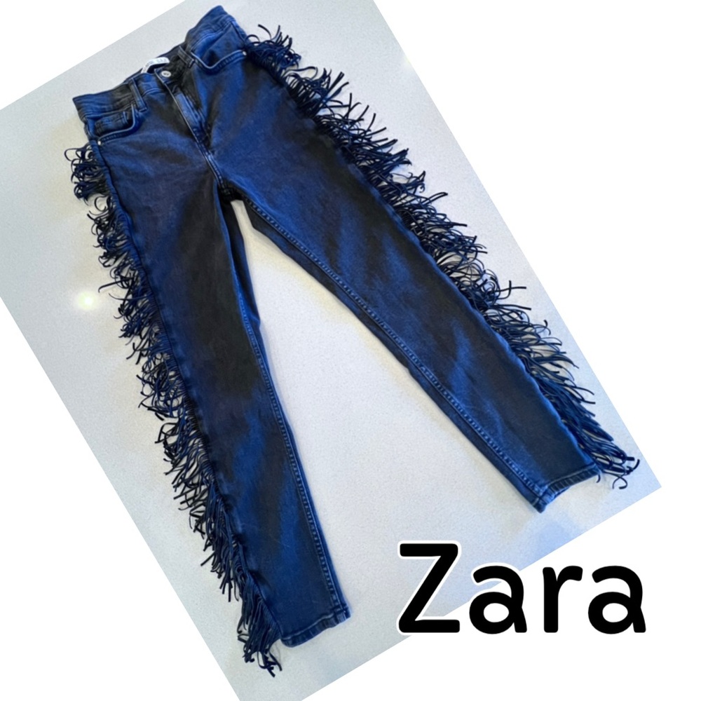 Zara Fringe Black Stretch Straight Leg Jeans Sz 2 Premium Crafted